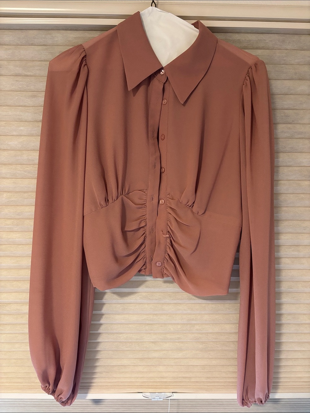 Astr Ruched Button-Front Blouse in Dusty Rose
